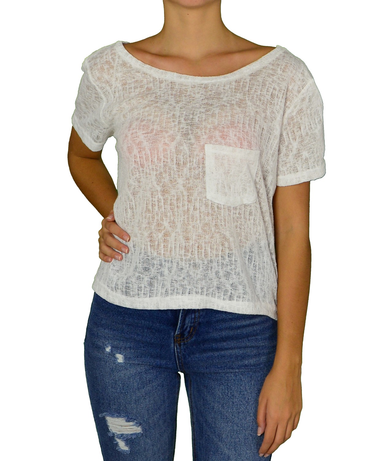 Γυναικεία πλεκτή κοντομάνικη μπλούζα Coocu λευκή 31245B